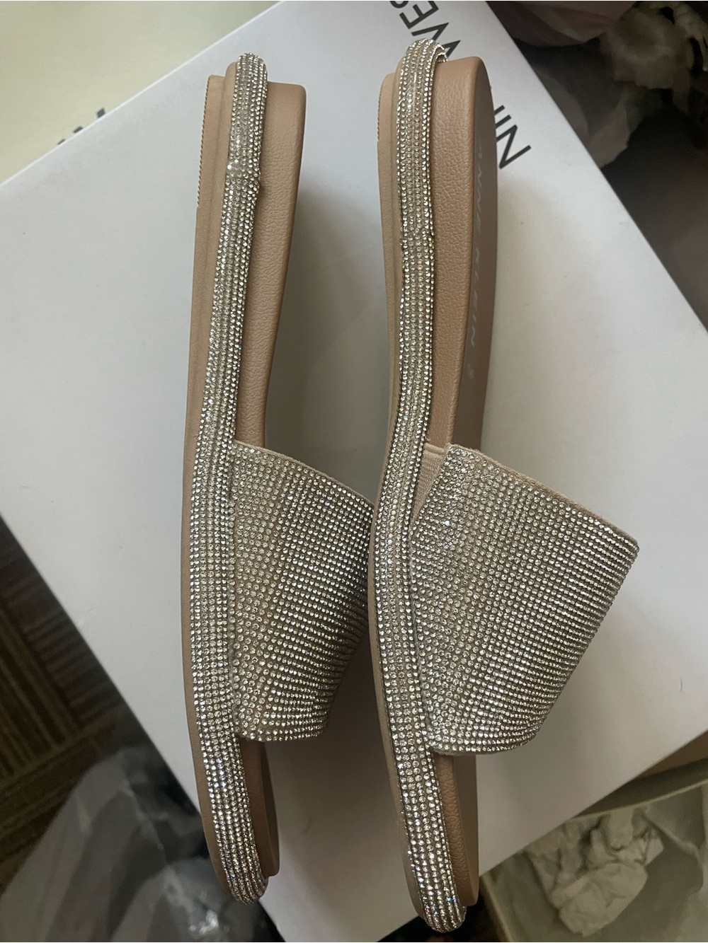 Anne Klein Amelie Beige Rhinestone Slide Sandals-Size 6.5 - Picture 7 of 13